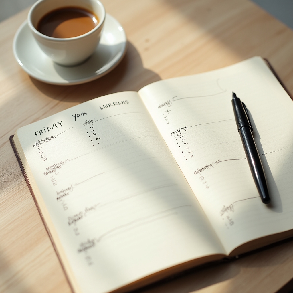 Notizbuch mit handschriftlicher Wochenplanung neben einer Tasse Kaffee